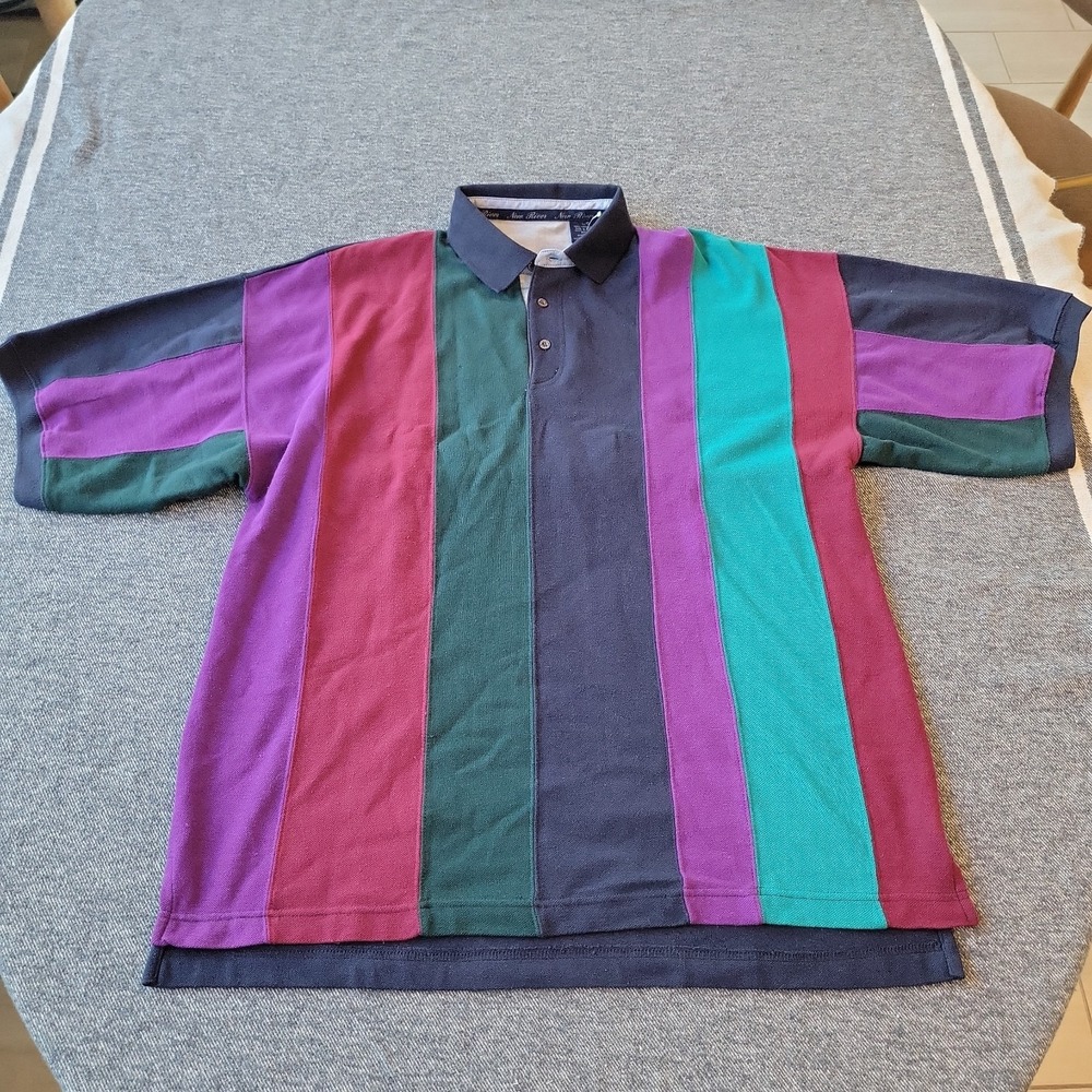 Vintage New River Polo Shirt Men's Large Purple Striped Colorblock Rugby 90s